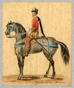 32641 Afbeelding van een kostuumontwerp van Gijsbrecht van Nijerode te paard, figurant in de maskerade van de studenten ...